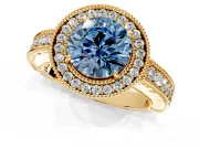 Milgrain Halo Engagement Ring Setting for Fancy Blue Round Cut Center with Pave Band and Prong Head in Yellow Gold
