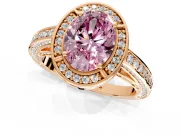Halo Engagement Ring Setting for Fancy Pink Oval Center with Framed Halo, Pave Band and Prong Head in Rose Gold