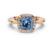 Halo Engagement Ring Setting for Fancy Blue Cushion Cut Center with Tapered Plain Band and Prong Head in Rose Gold