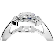 Bezel-Framed Halo Engagement Ring Setting for Radiant Cut Center with Pave Band and Prong Head in Platinum