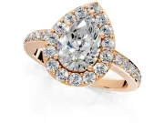 Halo Engagement Ring Setting for Pear-Shaped Center with Heart-Shaped Openwork, Pave Band and Prong Head in Rose Gold