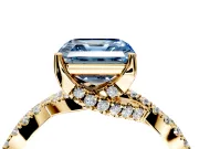 Solitaire Engagement Ring Setting for Fancy Blue Asscher Cut Center with Narrow Twist Pave Band and Prong Head in Yellow Gold