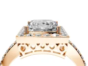 Halo Engagement Ring Setting for Princess Cut Center with Heart-Shaped Openwork, Pave Band and Prong Head in Rose Gold