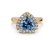 Halo Engagement Ring Setting for Fancy Blue Heart-Shaped Center with Square Band and Prong Head in Yellow Gold