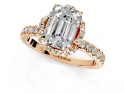 Halo Engagement Ring Setting for Emerald Cut Center with Openwork Halo, Pave Band and Prong Head in Rose Gold