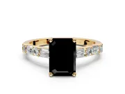 Baguette Engagement Ring Setting for Fancy Black Emerald Cut Center with Alternating Bar-Set Band and Prong Head in Yellow Gold