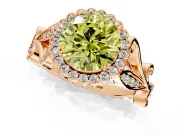 Halo Engagement Ring Setting for Fancy Yellow Round Cut Center with Leaf Motif Split Shank and Prong Head in Rose Gold