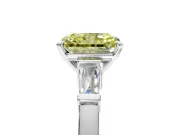 3 Stone Engagement Ring Setting for Fancy Yellow Radiant Cut Center with Channel Baguette Accents and Prong Head in Platinum