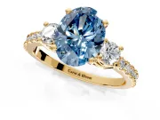 3 Stone Engagement Ring Setting for Fancy Blue Oval Center with Round Cut Side Accents and Prong Head in Yellow Gold