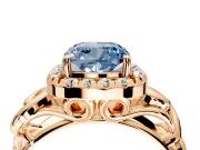 Halo Engagement Ring Setting for Fancy Blue Cushion Cut Center with Open Scroll Shoulders and Prong Head in Rose Gold