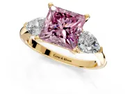 3 Stone Engagement Ring Setting for Fancy Pink Princess Cut Center with Large Pear-Shaped Accents and Prong Head in Yellow Gold