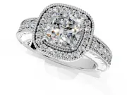 Milgrain Halo Engagement Ring Setting for Cushion Cut Center with Pave Band and Prong Head in Platinum