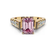 Solitaire Engagement Ring Setting for Fancy Pink Emerald Cut Center with Pave Cathedral Shoulders and Prong Head in Yellow Gold