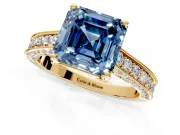 Solitaire Engagement Ring Setting for Fancy Blue Asscher Cut Center with Milgrain-Framed Pave Band and Prong Head in Yellow Gold