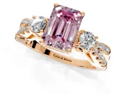 3 Stone Engagement Ring Setting for Fancy Pink Emerald Cut Center with Pave Split Shank and Prong Head in Rose Gold