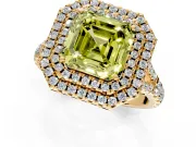 Double Halo Engagement Ring Setting for Fancy Yellow Asscher Cut Center with Narrow Pave Split Shank and Prong Head in Yellow Gold