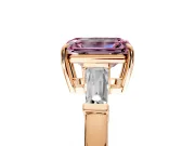 3 Stone Engagement Ring Setting for Fancy Pink Emerald Cut Center with Baguette Accents and Prong Head in Rose Gold
