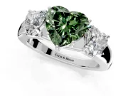 3 Stone Engagement Ring Setting for Fancy Green Heart-Shaped Center with Raised Basket Heads and Prong Head in White Gold