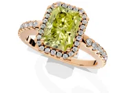 Accent Halo Engagement Ring Setting for Fancy Yellow Radiant Cut Center with Full-Length Pave Band and Prong Head in Rose Gold