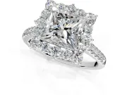 Halo Engagement Ring Setting for Princess Cut Center with Single-Row Pave, Open Basket and Prong Head in Sterling Silver