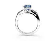 3 Stone Engagement Ring Setting for Fancy Blue Cushion Cut Center with Tapered Baguettes, Plain Band and Prong Head in Sterling Silver