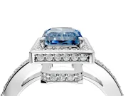 Halo Engagement Ring Setting for Fancy Blue Radiant Cut Center with Metal-Rimmed Halo, Pave Band and Prong Head in Platinum