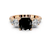 3 Stone Engagement Ring Setting for Fancy Black Cushion Cut Center with Crossover Basket, Pave Band and Prong Head in Rose Gold