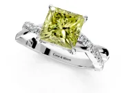 Crossover Engagement Ring Setting for Fancy Yellow Princess Cut Center with Pave and Plain Strands and Prong Head in White Gold