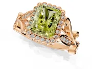 Halo Engagement Ring Setting for Fancy Yellow Radiant Cut Center with Leaf Motif Split Shank and Prong Head in Rose Gold