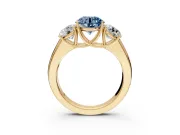 3 Stone Engagement Ring Setting for Fancy Blue Round Cut Center with Raised Basket Heads and Prong Head in Yellow Gold