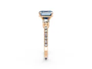3 Stone Engagement Ring Setting for Fancy Blue Asscher Cut Center with Round Cut Side Accents and Prong Head in Rose Gold