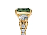 3 Stone Engagement Ring Setting for Fancy Green Emerald Cut Center with Crossover Basket, Pave Band and Prong Head in Yellow Gold