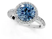 Halo Engagement Ring Setting for Fancy Blue Round Cut Center with Heart-Shaped Openwork, Pave Band and Prong Head in Platinum
