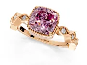 Milgrain Bezel Engagement Ring Setting for Fancy Pink Cushion Cut Center with Marquise Stations and Bezel Head in Rose Gold
