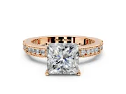 Solitaire Engagement Ring Setting for Princess Cut Center with Milgrain-Edged Pave Band and Prong Head in Rose Gold