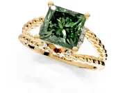 Halo Engagement Ring Setting for Fancy Green Princess Cut Center with Rope Twist Split Shank and Prong Head in Yellow Gold