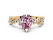 Solitaire Engagement Ring Setting for Fancy Pink Pear-Shaped Center with Bar-Station Pave Twist and Prong Head in Yellow Gold