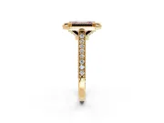 Halo Engagement Ring Setting for Fancy Pink Emerald Cut Center with Milgrain Pave Band and Bezel Head in Yellow Gold