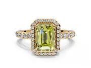 Halo Engagement Ring Setting for Fancy Yellow Emerald Cut Center with Inner Milgrain Border and Prong Head in Yellow Gold