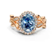 Halo Engagement Ring Setting for Fancy Blue Oval Center with Leaf Motif Split Shank and Prong Head in Rose Gold