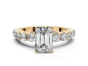 Shared-Prong Engagement Ring Setting for Emerald Cut Center with Graduated Accents and Prong Head in Yellow Gold