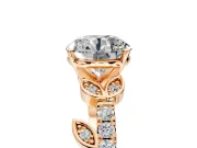 Leaf Motif Engagement Ring Setting for Round Cut Center with Pave Band and Prong Head in Rose Gold