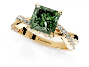 Solitaire Engagement Ring Setting for Fancy Green Princess Cut Center with Half-Pave Crossover Band and Prong Head in Yellow Gold