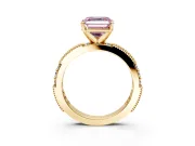 Solitaire Engagement Ring Setting for Fancy Pink Asscher Cut Center with Milgrain-Edged Pave Band and Prong Head in Yellow Gold