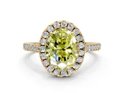 Halo Engagement Ring Setting for Fancy Yellow Oval Center with Raised Halo, Pave Band and Prong Head in Yellow Gold
