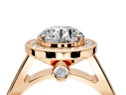 Halo Engagement Ring Setting for Round Cut Center with Outer Bezel Rim, Pave Band and Prong Head in Rose Gold