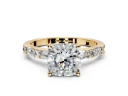Baguette Engagement Ring Setting for Cushion Cut Center with Alternating Bar-Set Band and Prong Head in Yellow Gold