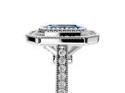Halo Engagement Ring Setting for Fancy Blue Emerald Cut Center with Milgrain Frame, Pave Band and Prong Head in Sterling Silver
