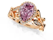 Halo Engagement Ring Setting for Fancy Pink Pear-Shaped Center with Leaf Motif Split Shank and Prong Head in Rose Gold
