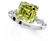 Cluster Engagement Ring Setting for Fancy Yellow Asscher Cut Center with Round Cut Accent Band and Prong Head in Platinum